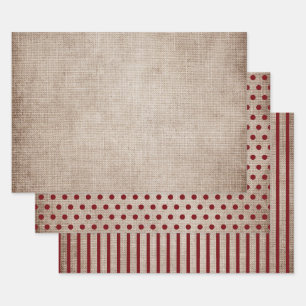 Rustikaler Jute-Burgunderrot-Polka-Punkte-Streifen Geschenkpapier Set