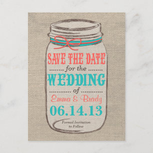 Rustikaler Jute & Mason Jar Save-the-Date - Korall Ankündigungspostkarte