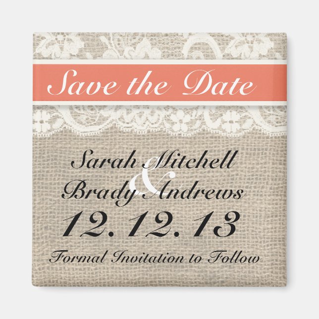 Rustikaler Jute-Spitze-Korallen-Save-the-Date-Magn Magnet (Vorne)