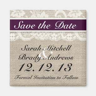 Rustikaler Jute-Spitze-Pflaume Save the Date Magne Magnet