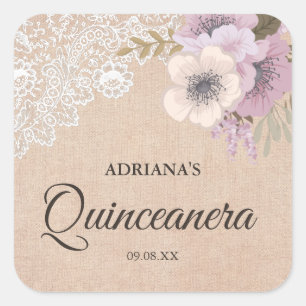 Rustikaler Jute-Spitzen-Rosa-Blumen-Quinceanera-Au Quadratischer Aufkleber