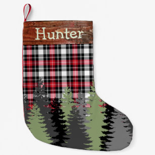 Rustikaler Kabinen-Holz-Waldkarierter Kleiner Weihnachtsstrumpf