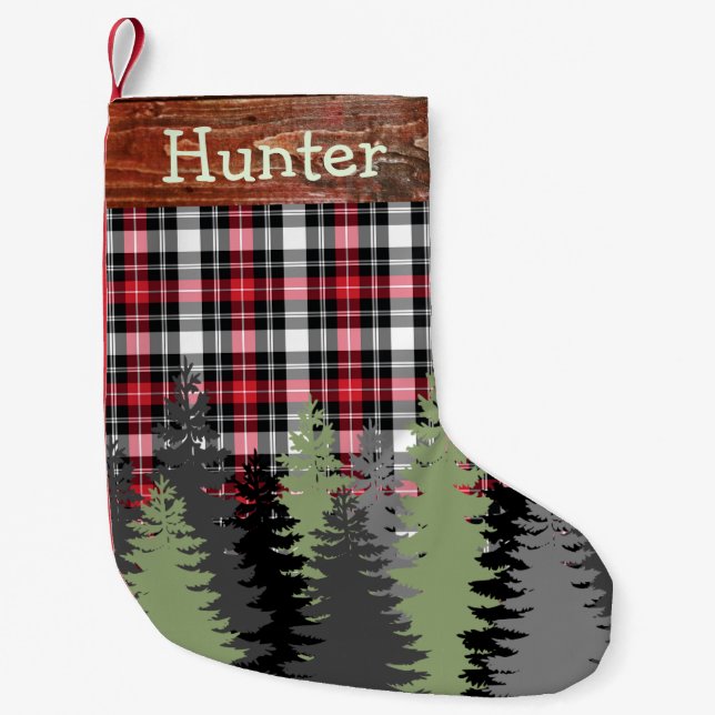 Rustikaler Kabinen-Holz-Waldkarierter Kleiner Weihnachtsstrumpf (Vorderseite)
