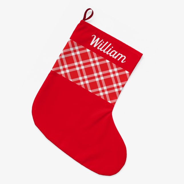 Rustikaler Karierter Individuelle Name Großer Weihnachtsstrumpf (Vorderansicht (hängend))