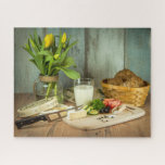 Rustikaler Käse Brot Lebensmittel Tulip Blume<br><div class="desc">Dieses atemberaubende Puzzle mit gelben Tulpen,  Käse,  Brot und Milch vor rustikalem Hintergrund #food #tulips #jigsawpuzzle #gifts #stockingstopffers</div>
