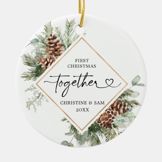 Rustikaler Kiefer Unser erstes Weihnachtsfest zusa Keramik Ornament (Vorne)
