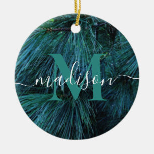 Rustikaler Kiefernbaum, immergrünes Monogramm Keramik Ornament