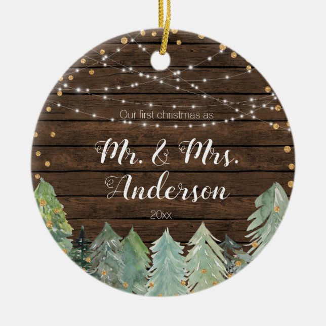 Rustikaler Kiefernbaum Unsere ersten Weihnachten Keramik Ornament (Vorne)