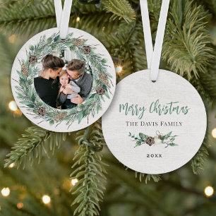 Rustikaler Kiefernkranz Frohe Weihnachten Familien Ornament
