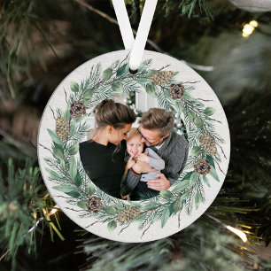 Rustikaler Kiefernkranz Frohe Weihnachten Familien Ornament Aus Metall
