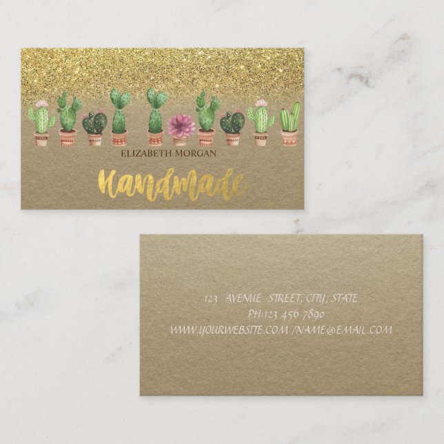 Rustikaler, Kraft, Aquarellkaktus Gold Glitzer Visitenkarte (Vorne/Hinten)