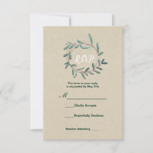 Rustikaler Kraft Botanischer Kranz Blatt Hochzeit RSVP Karte