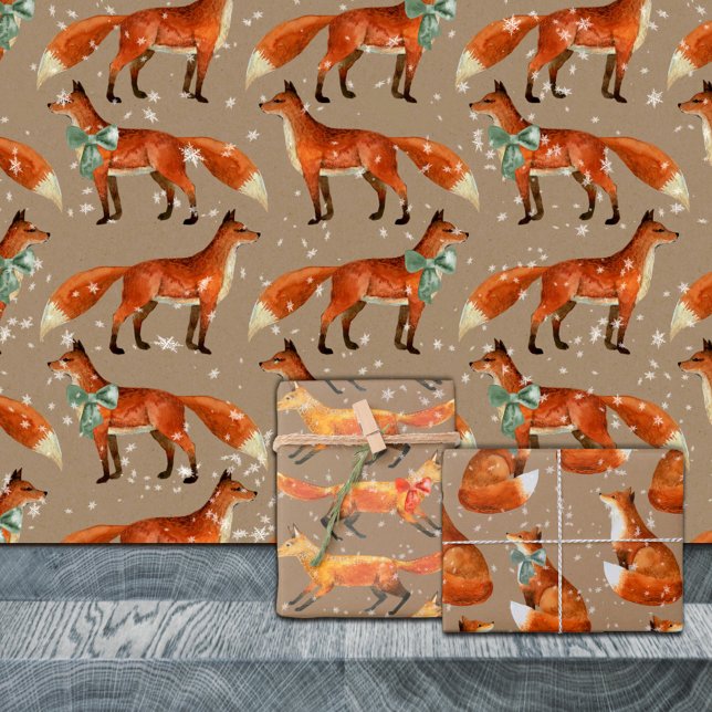 Rustikaler Kraft Roter Fuchs mit Bogen und Schneef Geschenkpapier Set (Rustic Kraft Red Fox With Bows And Snowflakes Christmas Holiday Gift Wrapping Paper Sheets Trio)