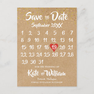 Rustikaler Kraft Roter Herz-Kalender Save-the-Date Ankündigungspostkarte
