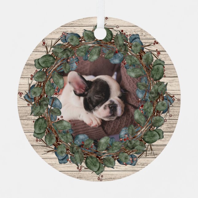 Rustikaler Kranz auf Foto von Holzhunden Ornament Aus Metall (Vorderseite)