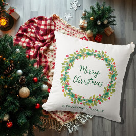 Rustikaler Kranz Familienname Frohe Weihnachten Kissen