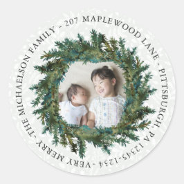 Rustikaler Kranz mit Foto und Rücksendeadresse Runder Aufkleber