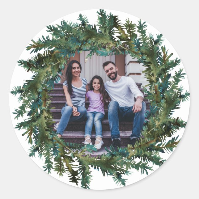 Rustikaler Kranz mit Weihnachten im Foto Runder Aufkleber (Vorderseite)