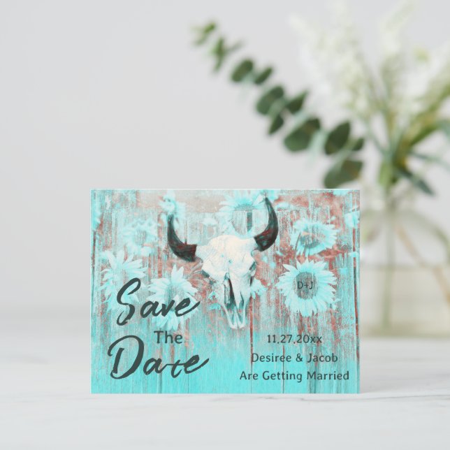 Rustikaler Kuh Skull Boho Aquamariner Western Sonn Ankündigungspostkarte (Stehend Vorderseite)