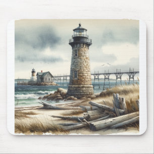 Rustikaler Küstenleuchtturm am Meerstrand Mousepad