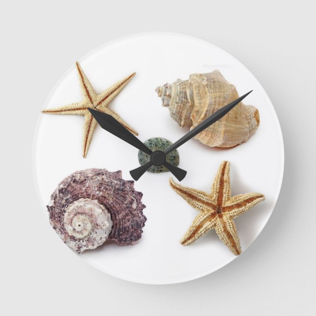rustikaler Küstenstrand schicke Seashell Starfish Runde Wanduhr (Vorderseite)