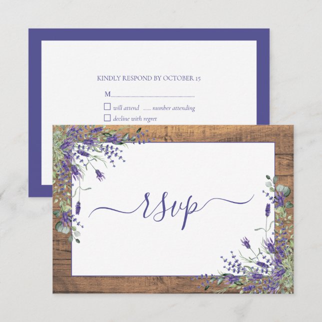 Rustikaler Lavendel Eukalyptus Script Wood UAWG RSVP Karte (Vorne/Hinten)