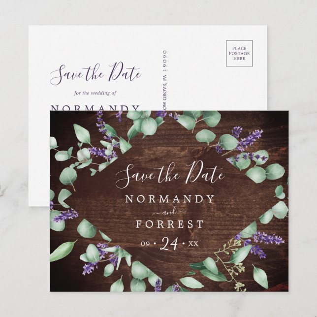 Rustikaler Lavendel | Holz Save the Date Postkarte (Vorne/Hinten)