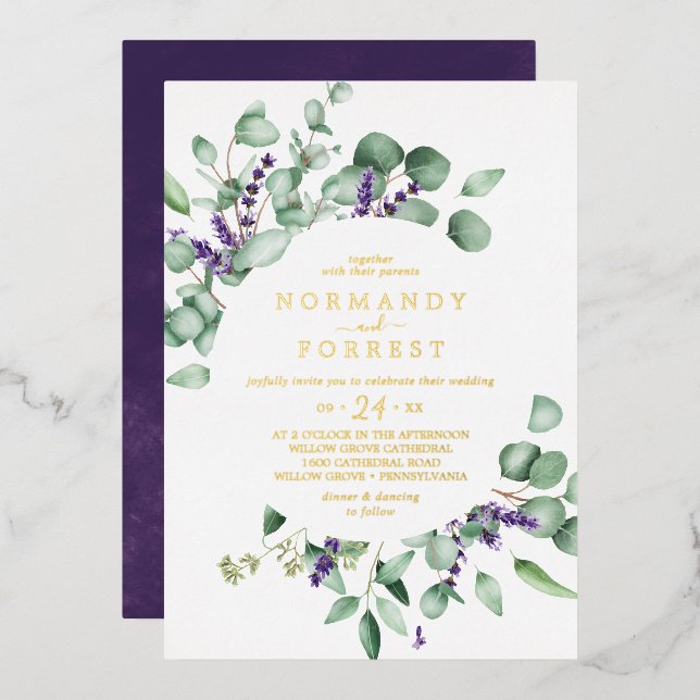 Rustikaler Lavendel | Lässige Hochzeit mit Goldfol Folieneinladung (Vorderseite/Rückseite)