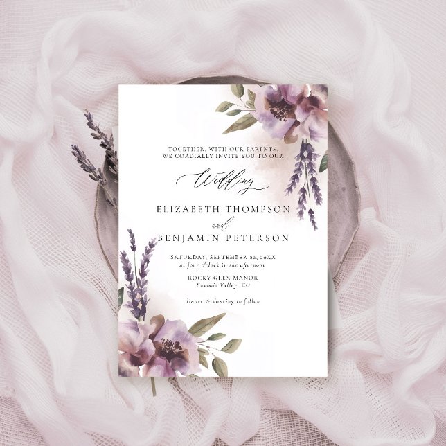 Rustikaler Lavendel Lila Blumenchic Elegante Hochz Einladung (rustic lavender wedding invitation watercolor elegant floral mauve purple barn ranch garden)