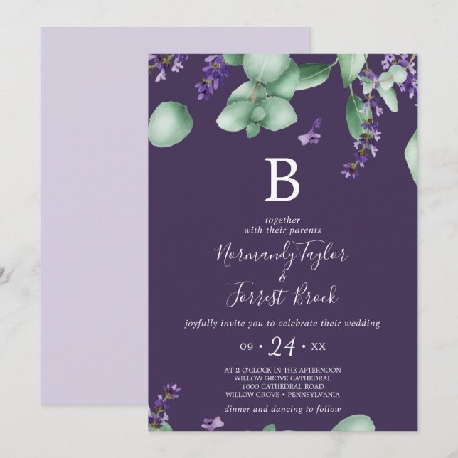 Rustikaler Lavendel | Lila Monogramm-Hochzeit Einladung (Vorne/Hinten)