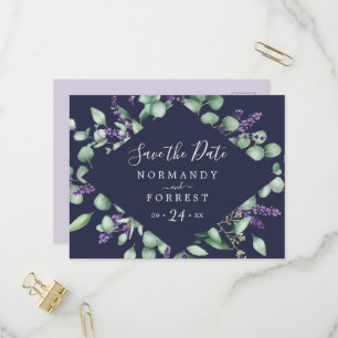 Rustikaler Lavendel   Navy Blue Save the Date Post Einladungspostkarte