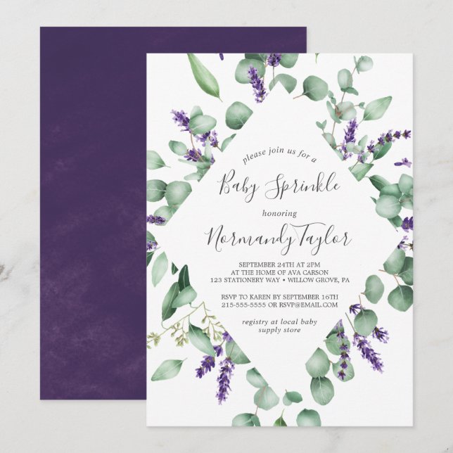 Rustikaler Lavendel und Eukalyptus Baby Sprinkle Einladung (Vorne/Hinten)