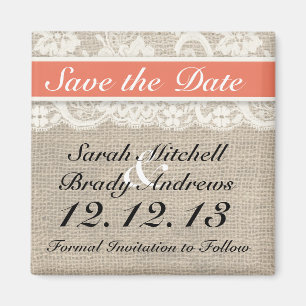 Rustikaler Leinwand-Spitze-Korallen-Save the Date Magnet