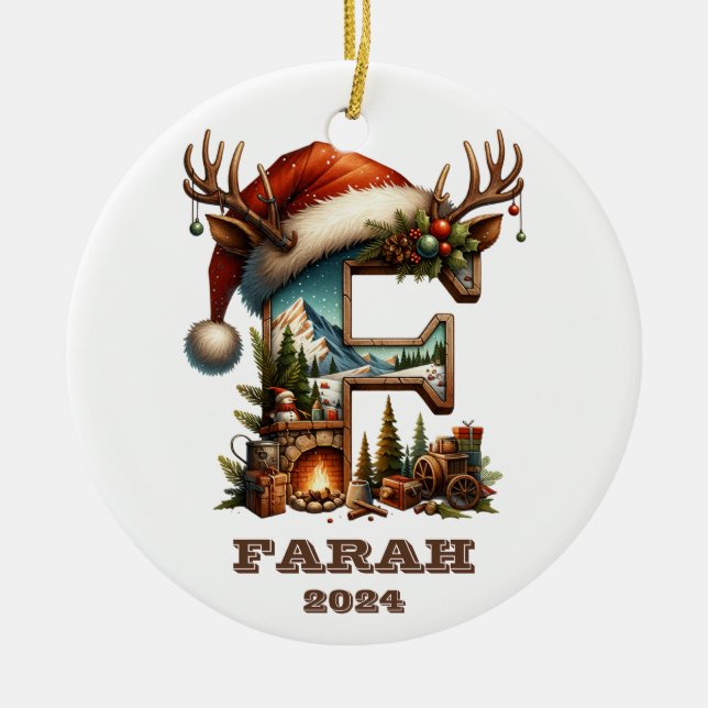 Rustikaler Letter F Cosy Cabin Scene Weihnachten Keramik Ornament (Vorne)