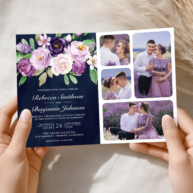 Rustikaler Lila Blumen QR Code Navy Blau Hochzeit Einladung (Von Creator hochgeladen)