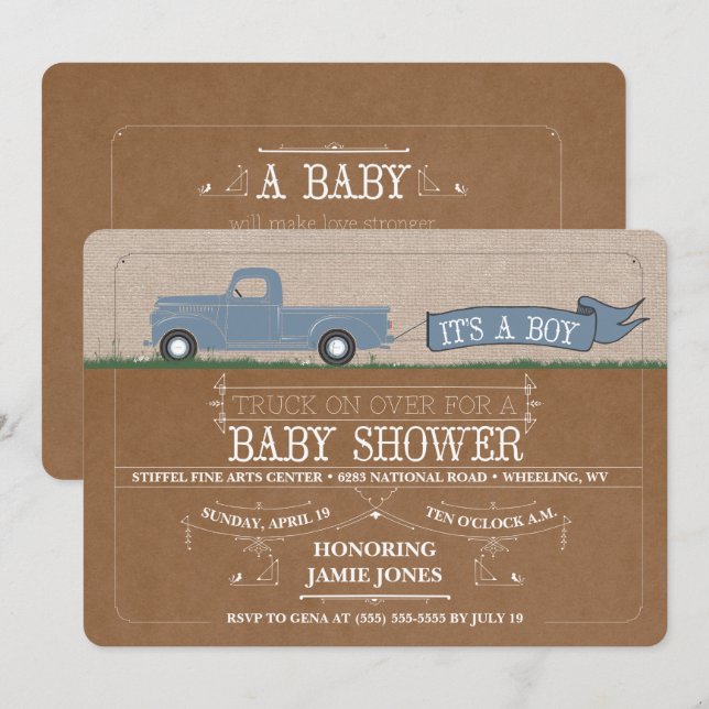Rustikaler LKW Es ist ein Boy Baby Shower Einladun Einladung (Vorne/Hinten)