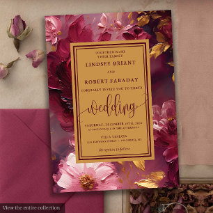 Rustikaler Luxus Burgund Gold Floral Wedites Einladung