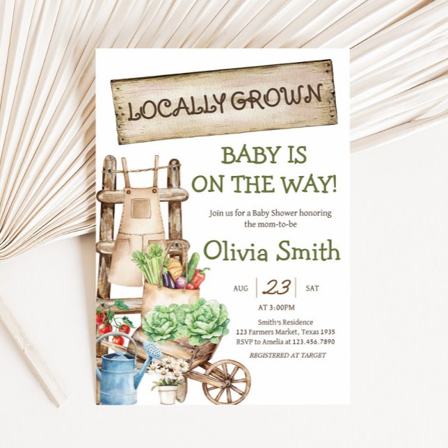 Rustikaler Markt Kinderdusche Einladung (Rustic Farmers Market Locally Grown Baby Shower Invitation)