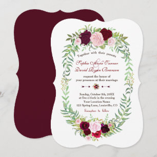 Rustikaler Marsala-Blumenkranz Burgunder Hochzeit Einladung