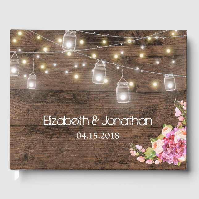 Rustikaler Mason Jar Lights Blush Floral Moderne Gästebuch (Vorderseite)