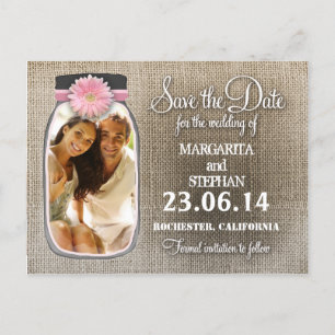 Rustikaler Mason Jar mit Ihrem Foto Save the Date Ankündigungspostkarte