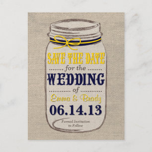 Rustikaler Mason Jar Save the Date Yellow Navy Ankündigungspostkarte
