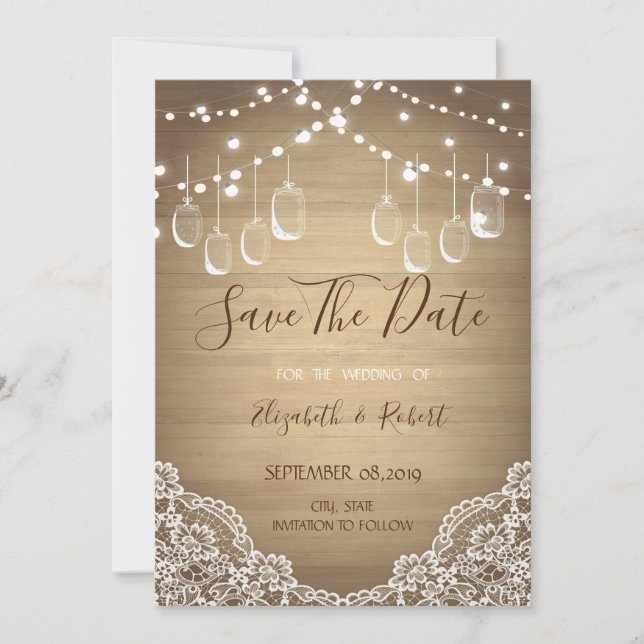 Rustikaler Mason Jar, String Lights, Spitze Save t Save The Date (Vorderseite)