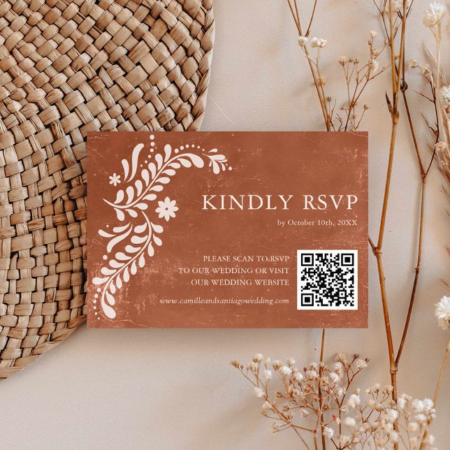 Rustikaler mexikanischer Terracotta Wedding QR Cod RSVP Karte (Terracotta Rustic Wedding QR Code Rsvp card)