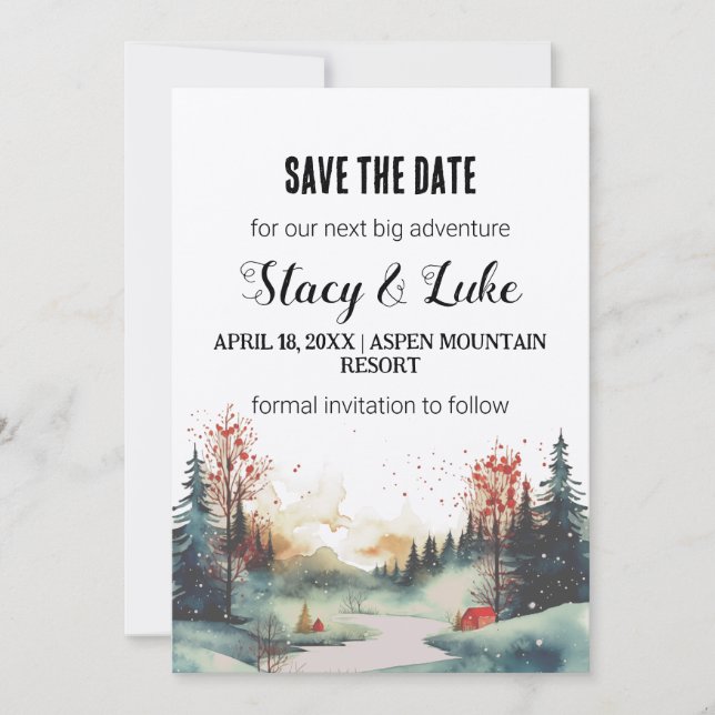 Rustikaler Minimalistischer Bergwald Save the Date Einladung (Vorderseite)