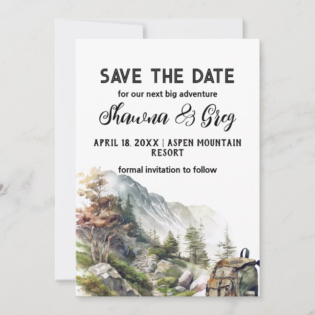 Rustikaler Minimalistischer Rucksack Save the Date Einladung (Vorderseite)