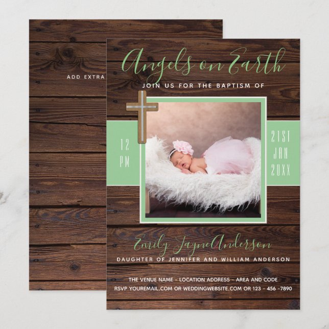 Rustikaler Minze | FOTO BAPTISM Einladen Elegantes Einladung (Vorne/Hinten)