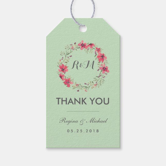 Rustikaler Minzgrün-Blumenkranz - Hochzeitsgeschen Geschenkanhänger (Vorderseite)