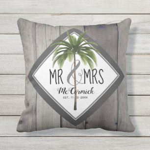 Rustikaler Mr. und Mrs. Grey Monogram Palm Tree ne Kissen