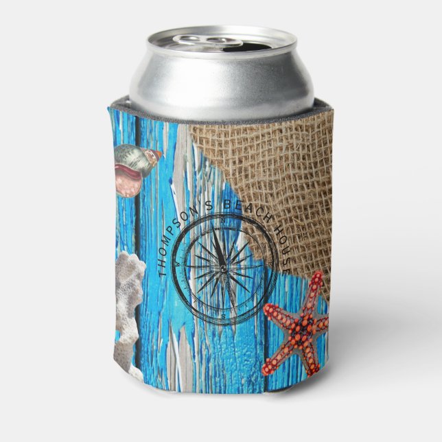 Rustikaler Nautic Blue Wood Burlap Starfish Dosenkühler (Kanne Rückseite)